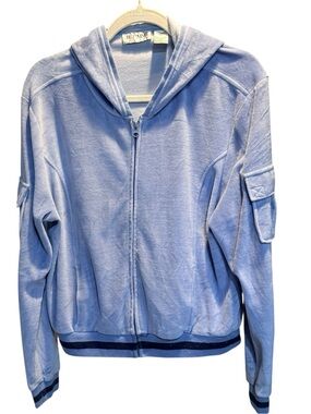 Vintage Je T'aime Light Blue Velour Cargo Zip Up Hoodie Size Large Rare.